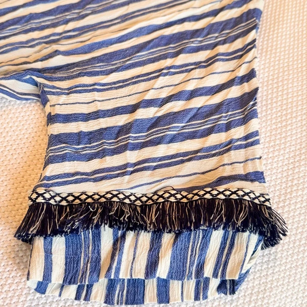 VELZERA Boho Blue & White Striped Mini Dress w Fringe Trim or Swim Coverup